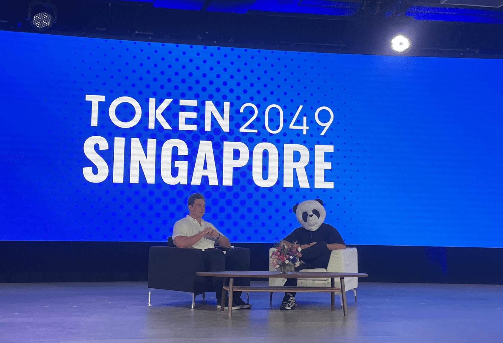 Crypto investor Michael Anderson and Berachain co-founder Smokey the Bera discussing cypherpunks, patrons, conglomerates, and cults at Token2049 on Wednesday. (Unchained/Yarn D. Young)